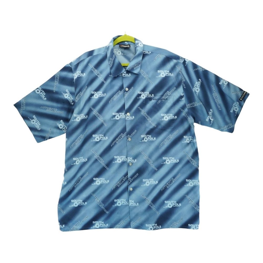 SouthPole Shirt Mens Size XL Button Up Short Sleeve Striped Blue‎